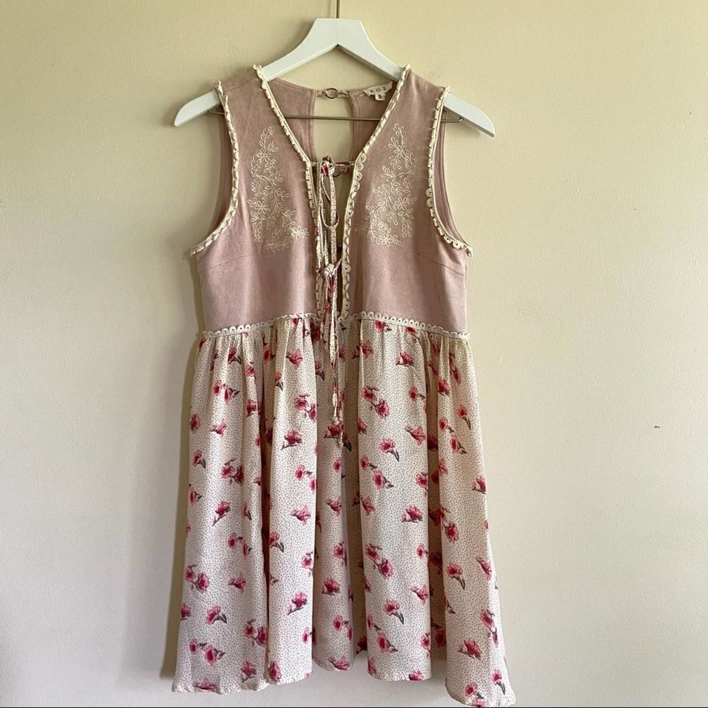 POL Floral Faux Suede Babydoll Tunic Mini Dress